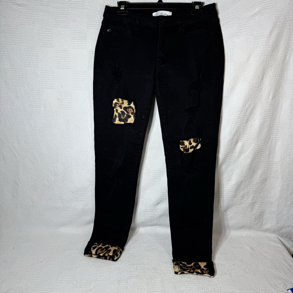 KanCan Jeans‎ Women’s Black Cheetah Print Cuff Distressed Black Size 11/29